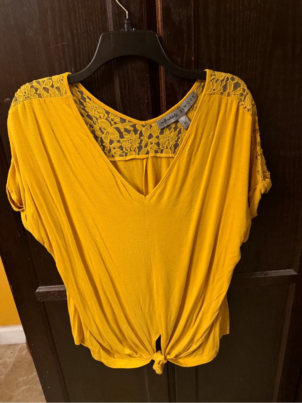 Absolutely Famous Mustard Lace Yoke V-Neck Tie-Front Top